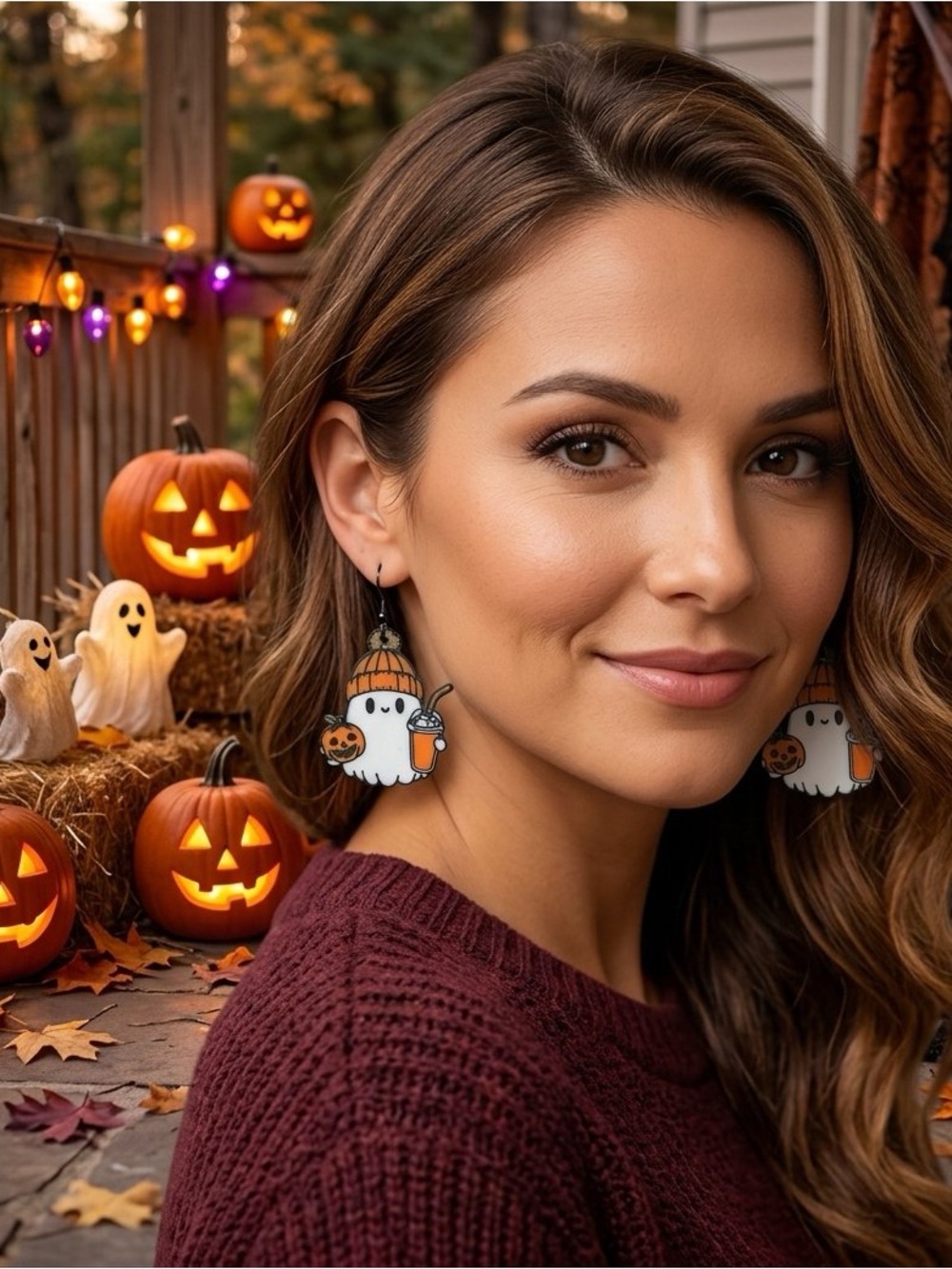Handmade Ghost Earrings with Pumpkin and Drink